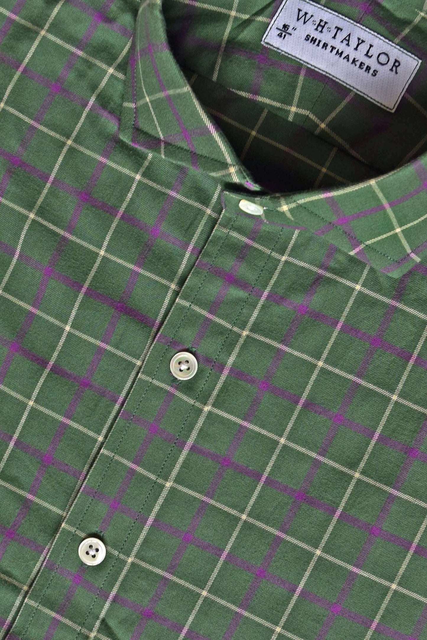 Forest Green & Lilac White Tattersall Check Twill Men's Bespoke Shirt with white buttons