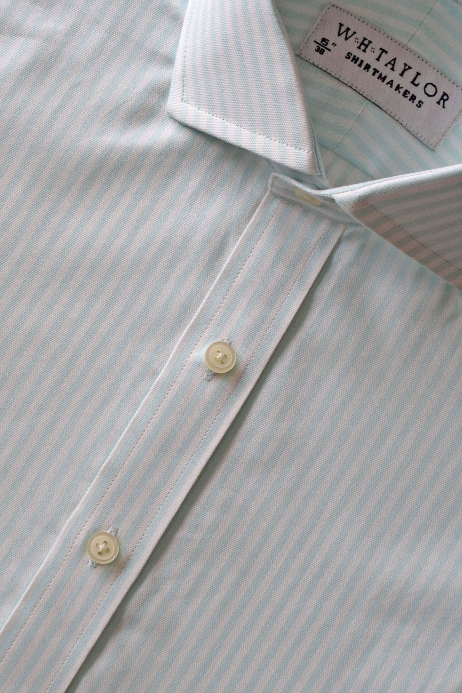 Mint Bengal Stripe Oxford Men's Bespoke Shirt with buttons and collar detail