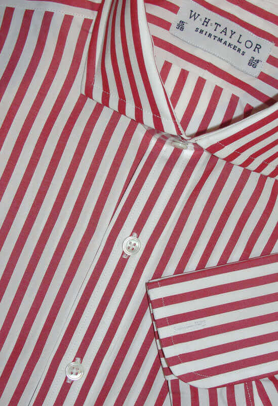 Red butcher stripe poplin men's bespoke shirt by W.H. Taylor, made from two-fold 100% cotton, perfect for business or casual wear.