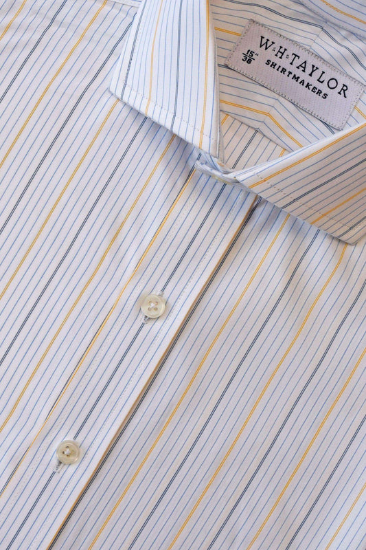 Triple Blue & Yellow Hairline Stripe Poplin Men's Bespoke Shirt - whtshirtmakers.com