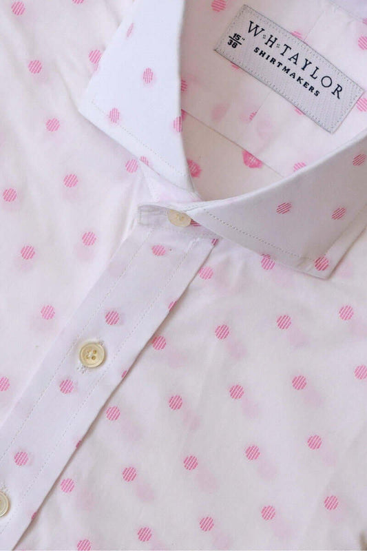 White & Pink Spotted Compact Cotton Ladies Bespoke Shirt - whtshirtmakers.com